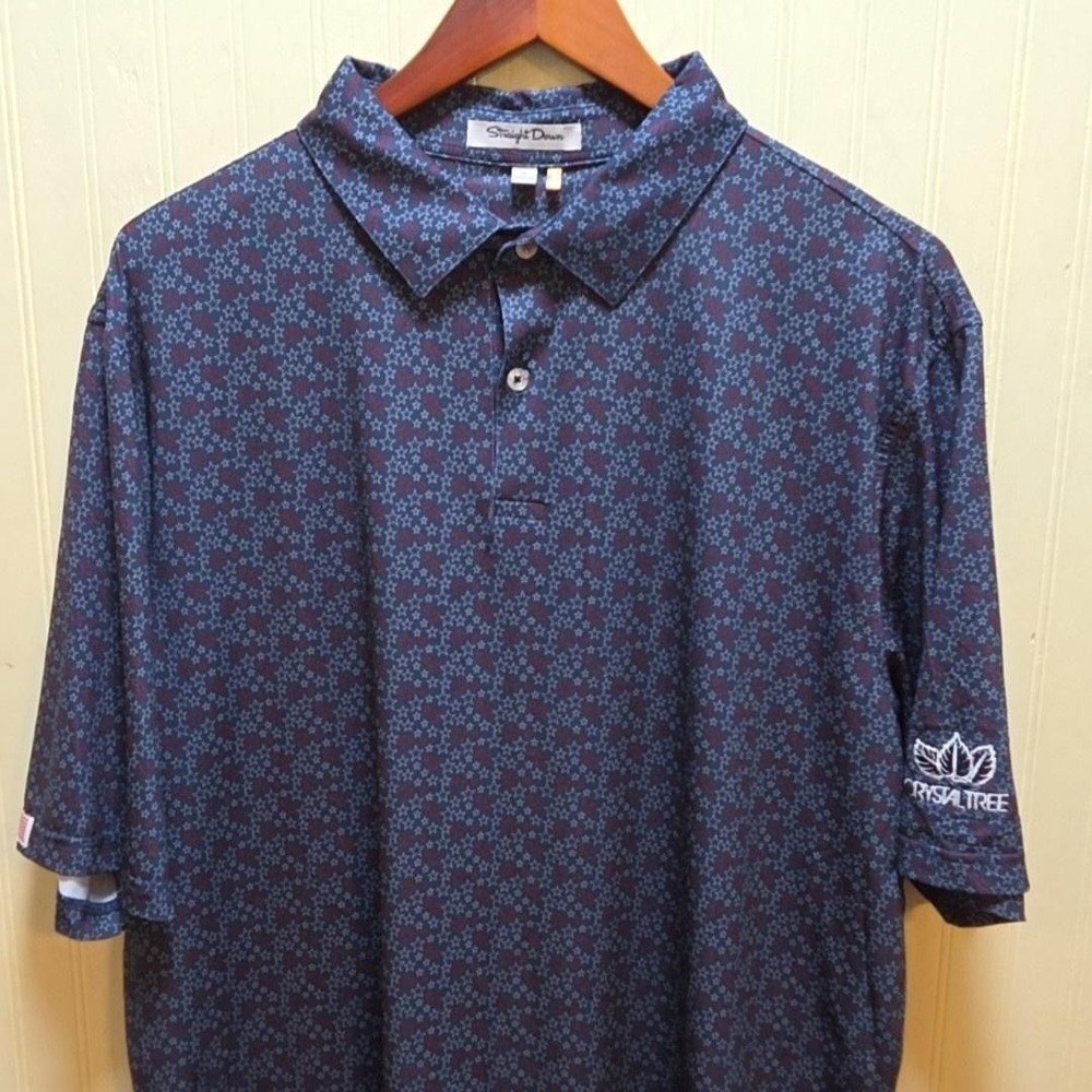 Straight Down Polo Shirt Mens XL Blue Star Print Stretch Patriotic Golf Knit Top